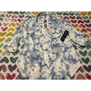 Celebrity Pink Women's Button Up Roll Tab Sleeve Blue Tie Dye Shirt
